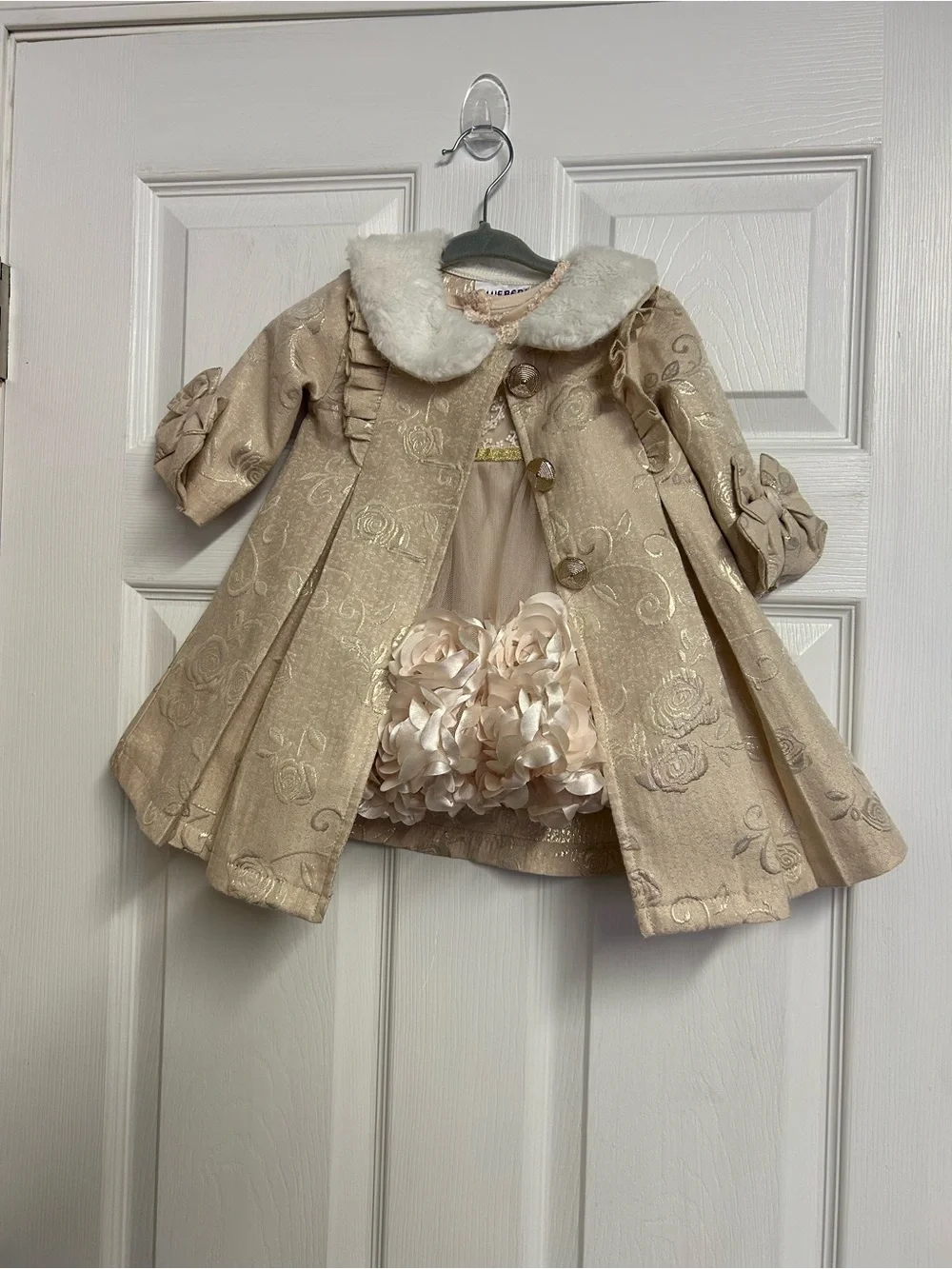 Blueberi Boulevard Champagne Dress With Roses and Coat With Roses Print